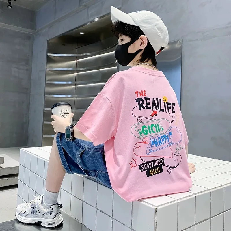 Summer Kids Clothes Streetwear Fashion English Skateboard Print T Shirt 100%Cotton Tops Tees Children Short Sleeve Boys Clothes