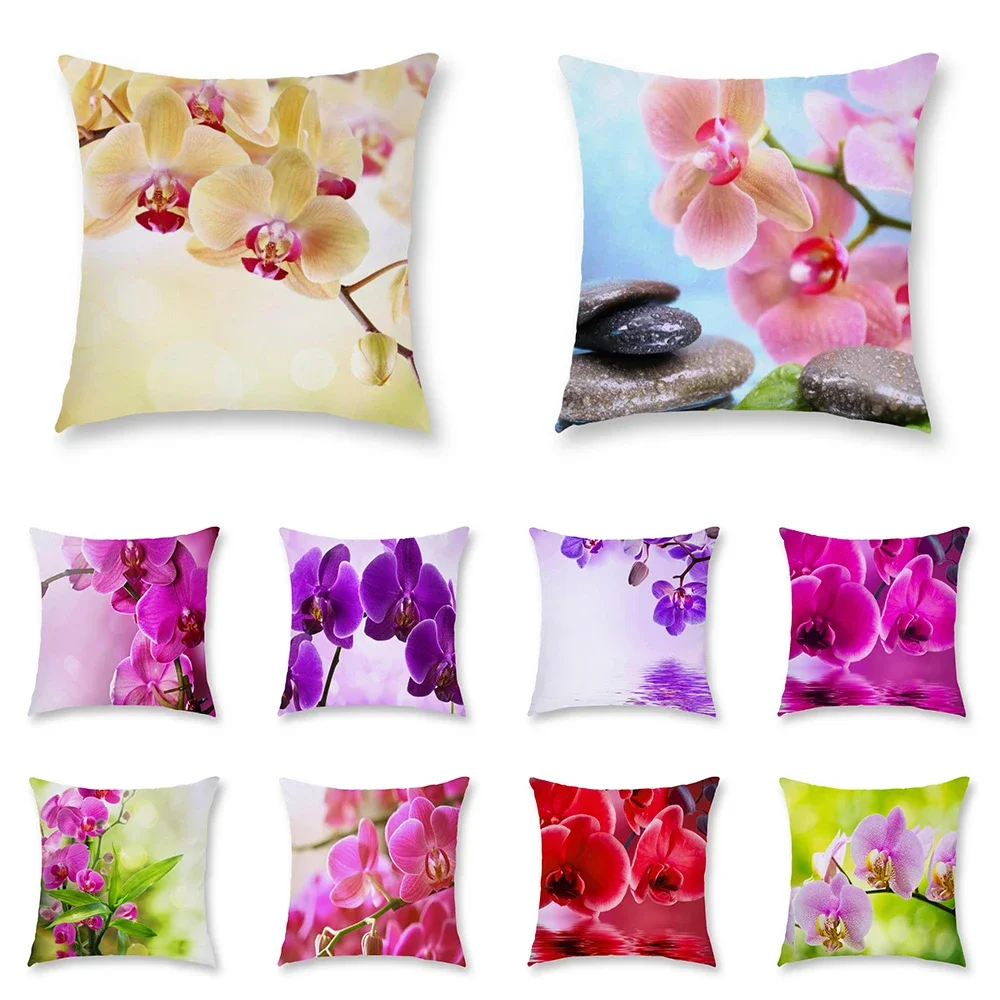 Colorful Orchid Printed Polyester Cushion Cover for Home Living Room Sofa Decoration Square Throw Pillow Pillowcase