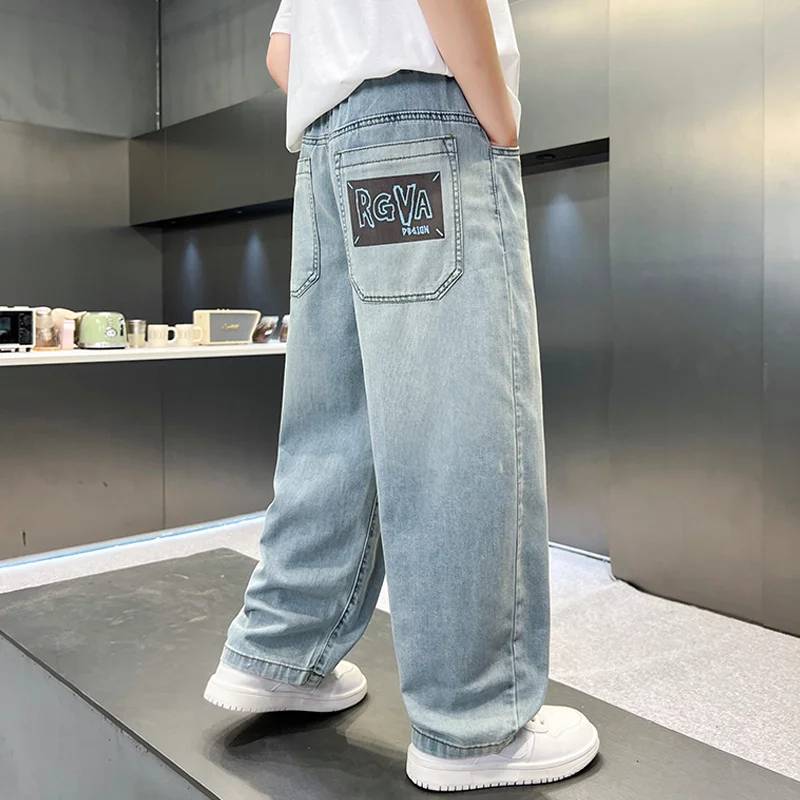 

Новые летние тонкие джинсы для мальчиков 2026 года, свободные широкие джинсовые брюки для детей, повседневная уличная мода, хлопковая одежда для малышей