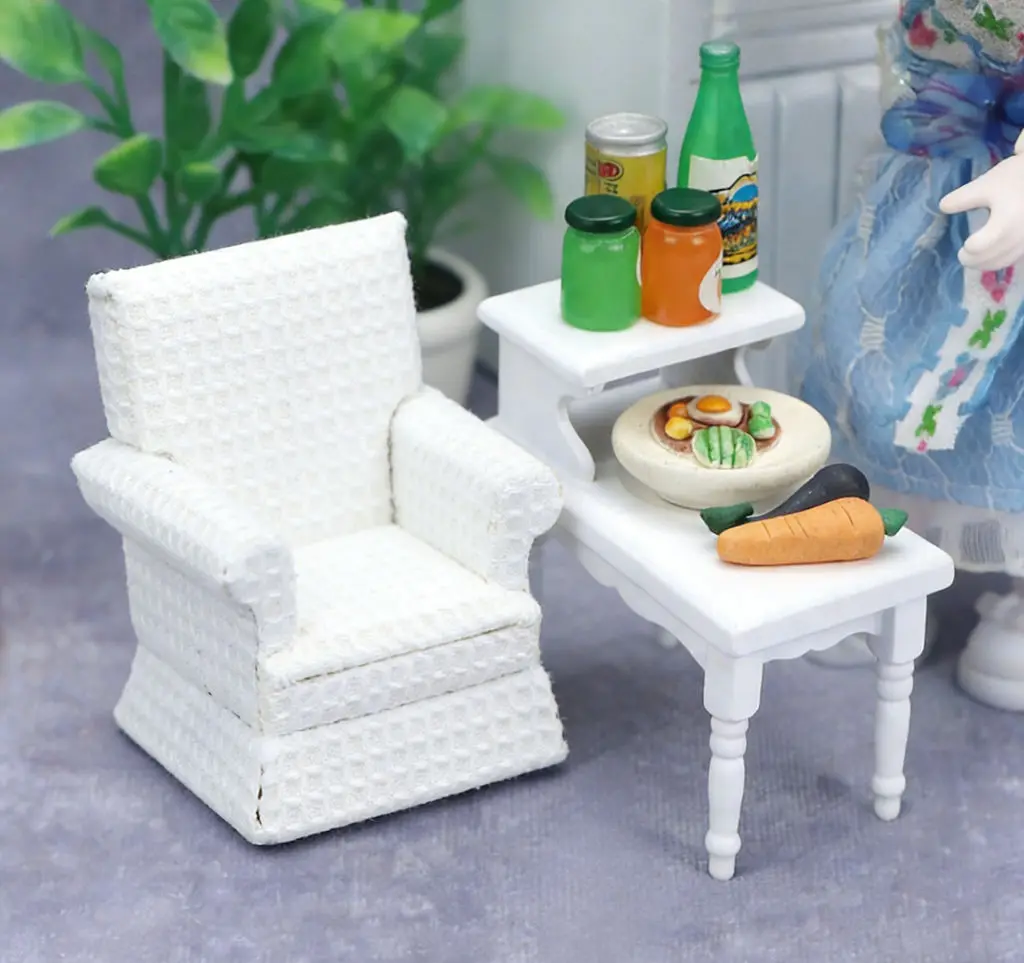 

12 Scale Retro Miniature Living Room Furniture Set White Double-Layer Coffee Table Sofa DIY Dollhouse Decor Kit for Micro Scenes
