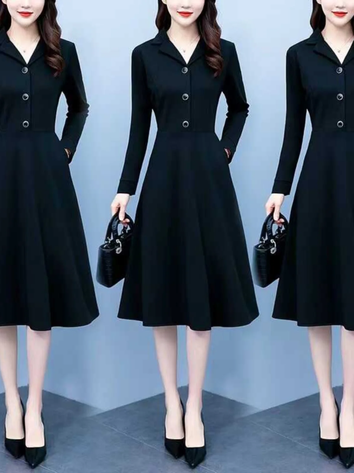 

Slimming Mid-Length Dress plus Size Women's Fashion Spring Autumn High Waist A-Line Skirt V-Neck Long Sleeve Polyester Fiber