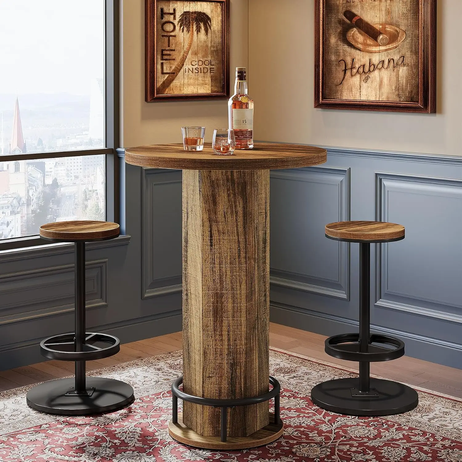 Round Bar Table with Chairs, Industrial Bistro Sets with 2 barstools, Pub Cocktail Table with Metal Ring Footrest for Kitchen Nook, Apartment, Small Space