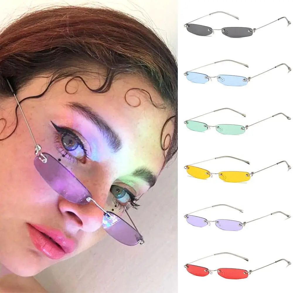 Rimless Rectangle Sunglasses Narrow Frameless Small Sun Glasses UV400 Clear Colored Lens Streetwear Accessories for Women Men