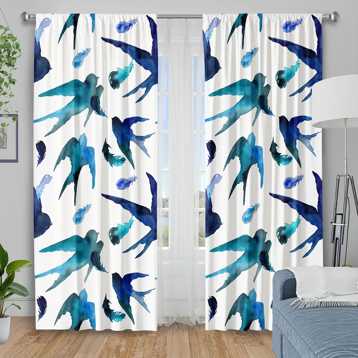 Watercolor Blue Bird Swallows Curtain Panels for Living Room Home Decoration Modern Art Window Treatment Aesthetic Design
