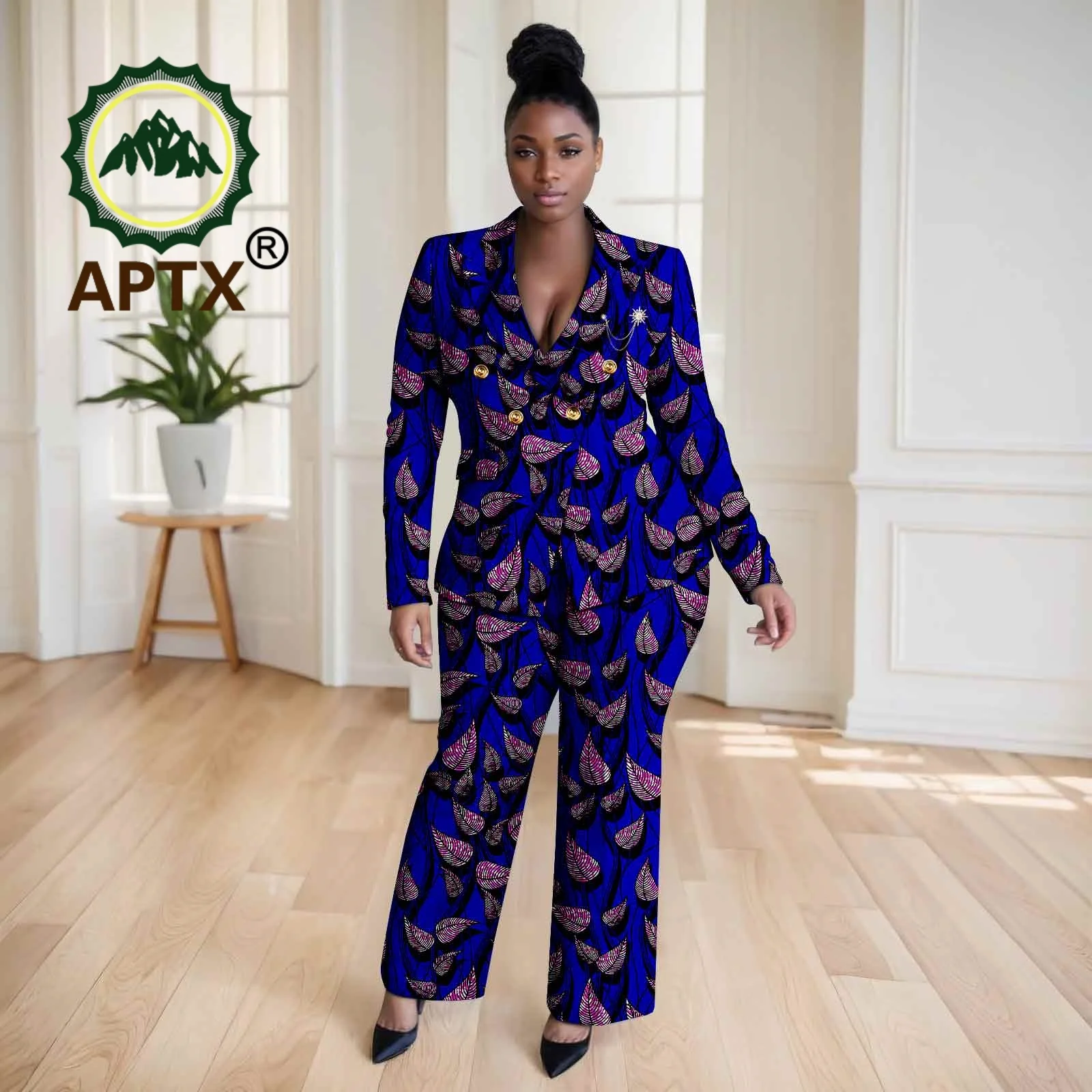 المرأة الأفريقية أنقرة مطبوعة الخامس الرقبة كم كامل بلوزات وسراويل الطابق طول قطعتين دعوى Dashiki عادية Set2526046 #3