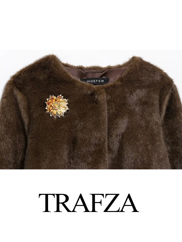 TRAFZA Cappotti da donna moda invernale Marrone O-Collo maniche lunghe Spilla a fiori Decora giacche calde casual monopetto femminili