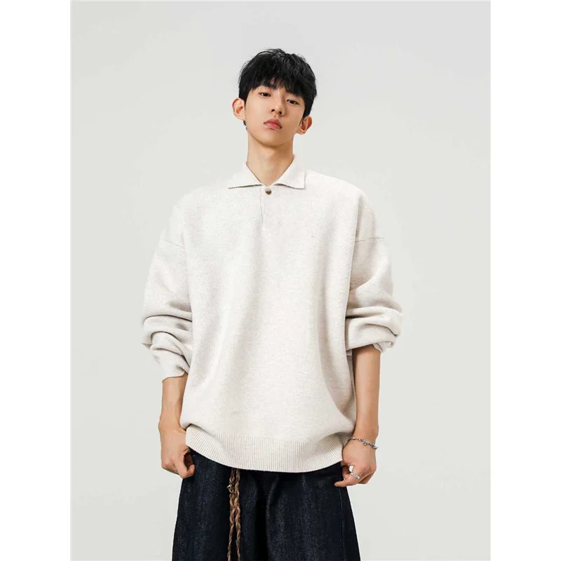 سترة بولو أمريكية الطراز سميكة رياضية للجنسين للخريف والشتاء فضفاضة للأزواج ملابس محبوكة عادية مريحة برقبة مستديرة