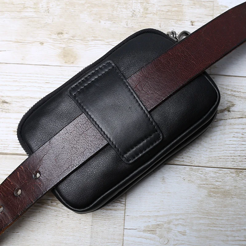 Genuine Leather Mobile Phone Bag For Men Wearing Leather Belt Waist Bag Multifunctional Horizontal Mobile Phone Bag Cowhide Bag