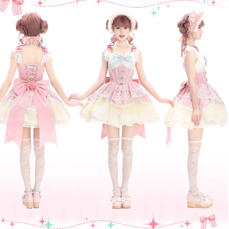 Japanese Sweet Lolita Jsk Dress Women Elegant Ruffles Lace Bowknot Princess Strap Dress  Girls Y2k Kawaii Puffy Party Mini Dress