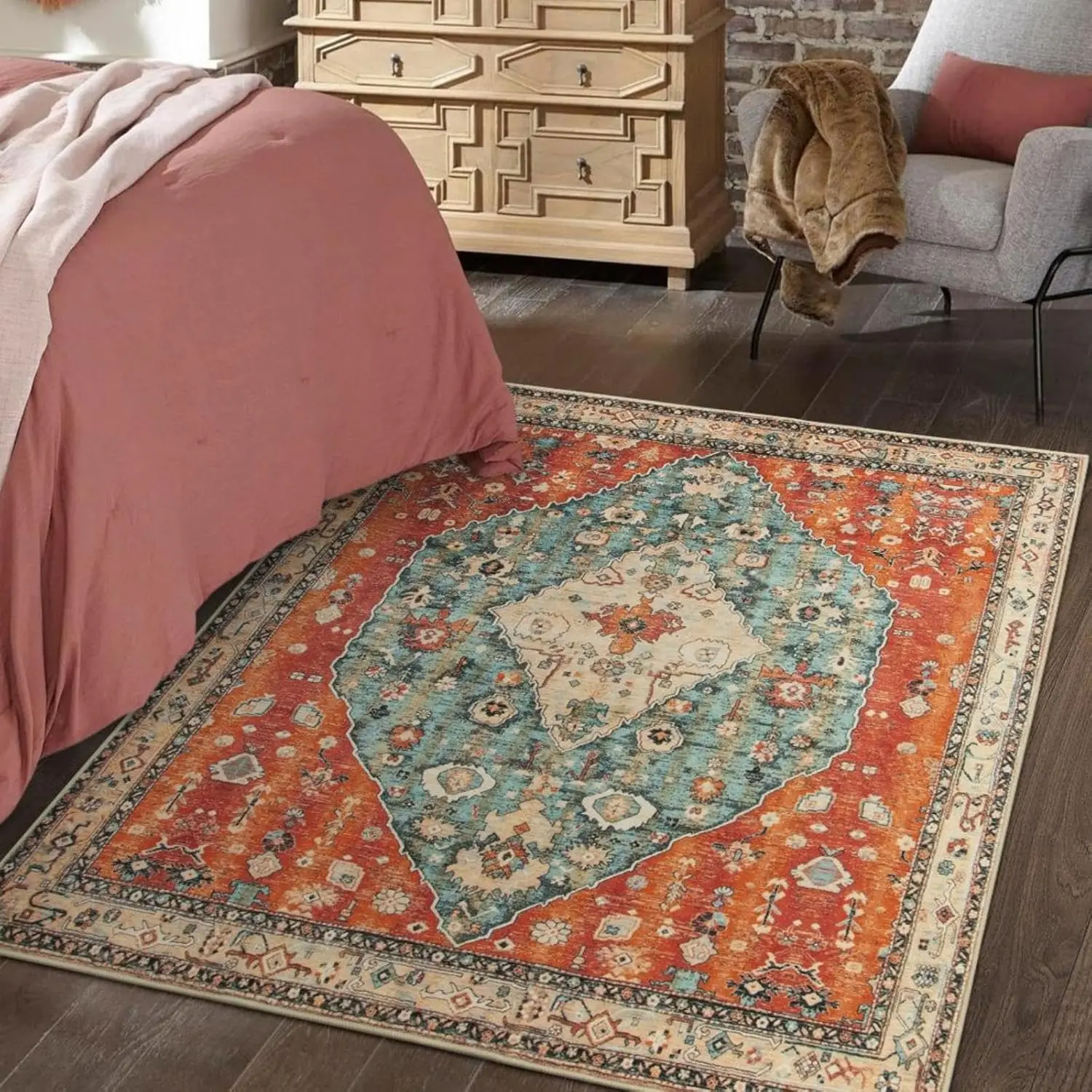 

4x4 square washable rug, soft living room/kitchen entrance rug, rubber backing, (rust red/dark blue-green).