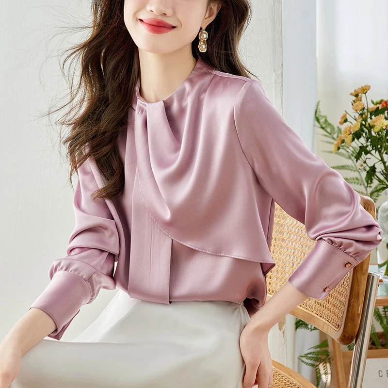 

QOERLIN Stylish Designer Pink Blouse Women 2024 O-Neck Loose Casual Long Sleeve Tops Shirts Korean Fashioin Elegant Office Cloth