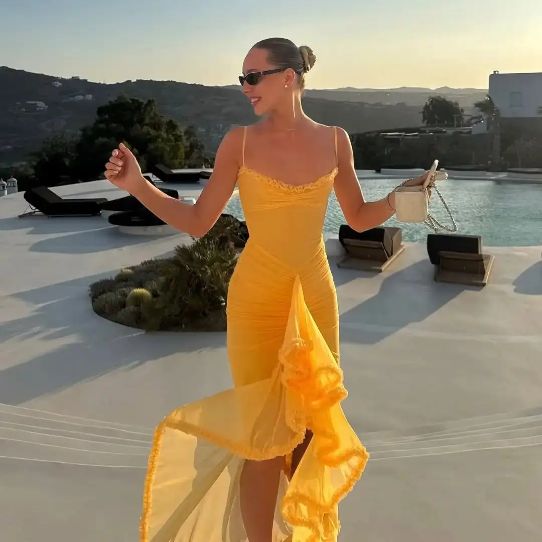 Ofherown شيك الأصفر السباغيتي حزام فستان الحفلة الراقصة المرأة كشكش عالية الشق سليم ثوب مسائي الدانتيل تقليم Ruched فستان حفلة عطلة #3