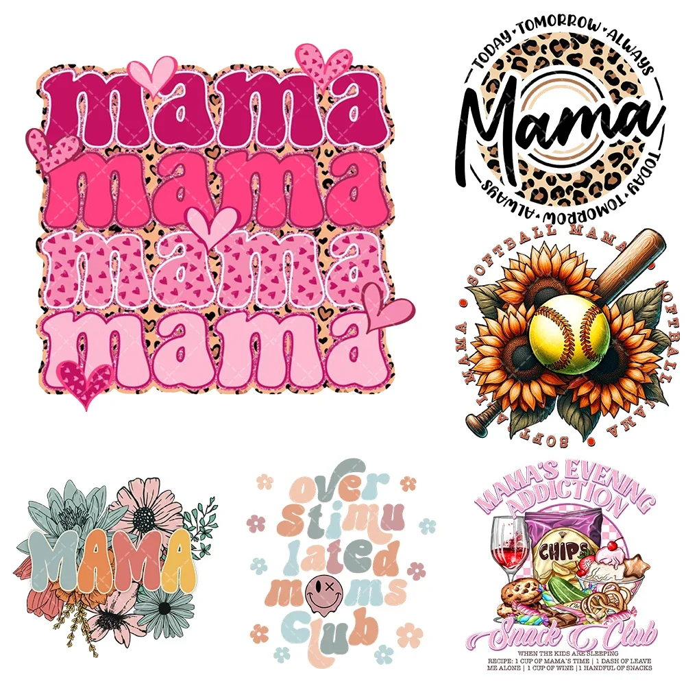 Mother's Day mama Iron On Heat Transfer Stickers For Clothes DTF Pinted Vinyl Thermal Appliques Washable T-Shirt Decal