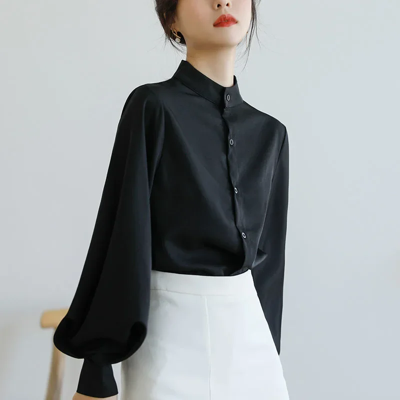 Elegant Hong Kong Style Stand Collar Single-Breasted Lantern Sleeve Women's Shirt New Spring Solid Color OL Commuting Loose-Fit