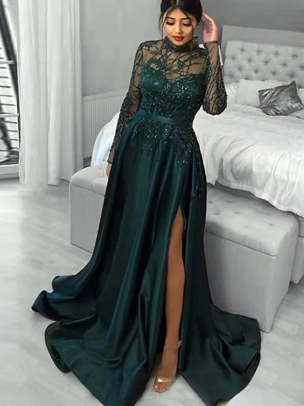 Robe de Soirée en Satin Vert Foncé pour Femme, Tenue de Bal à Manches sulf, Col Haut, Fendue sur le Côté, sur Mesure, 123