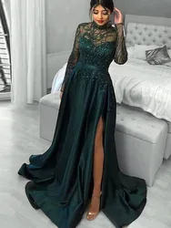 Dark Green Prom Dresses For Women Full Sleeve See Throgh High Neck Evening Gown High Side Split Satin Robe De Soiree Custom Made