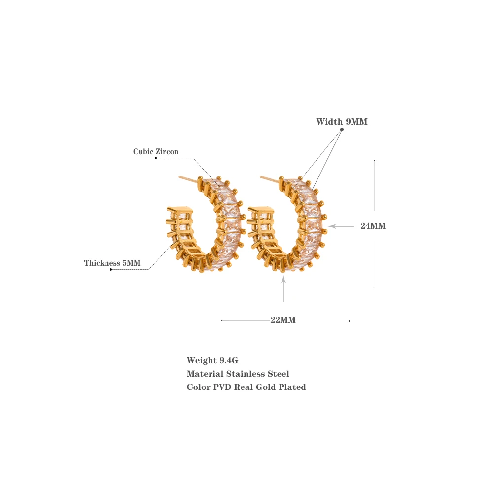 Yhpup Luxury Elegant AAA Cubic Zirconia Stainless Steel Hoop Earrings Waterproof Bling Trendy Fashion Wedding Jewelry Gift Women