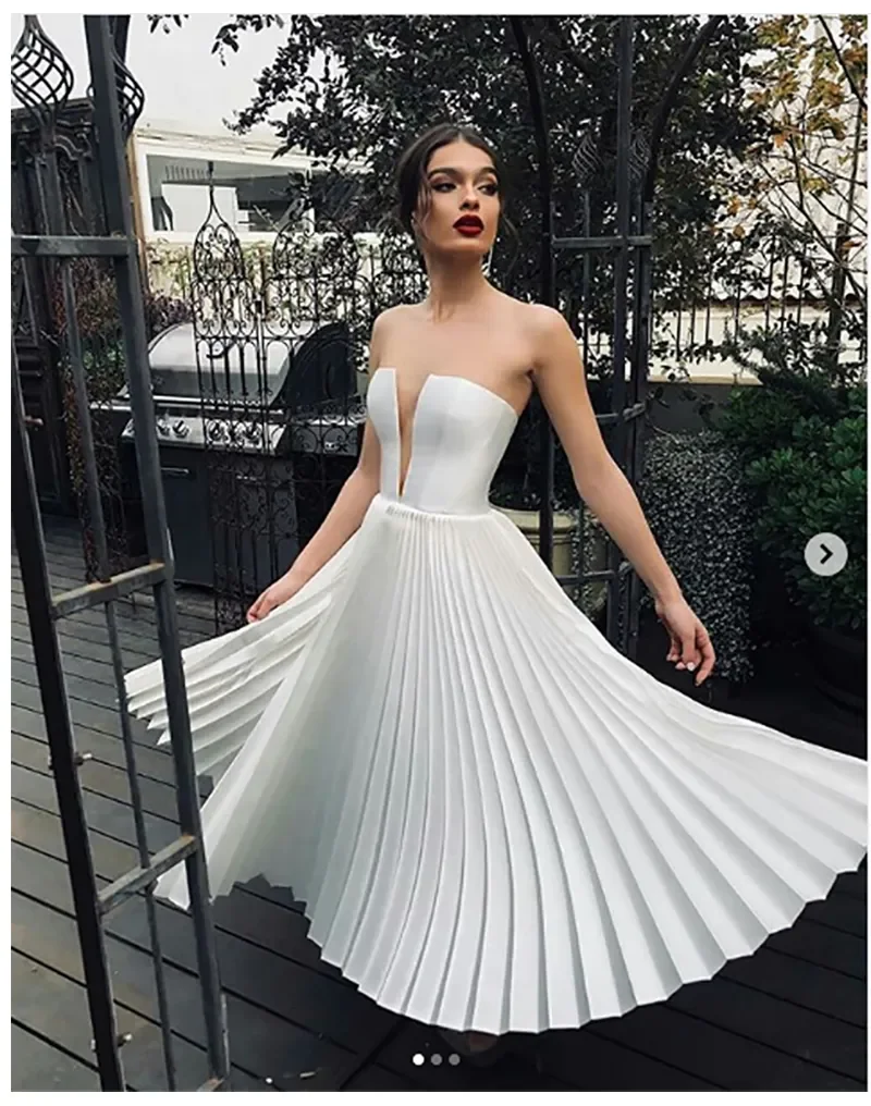 Vintage Sweetheart Satin A Line Wedding Dresses Pleats Ankle Length Bohemian Simple Bridal Gowns Sleeveless robe de mariee