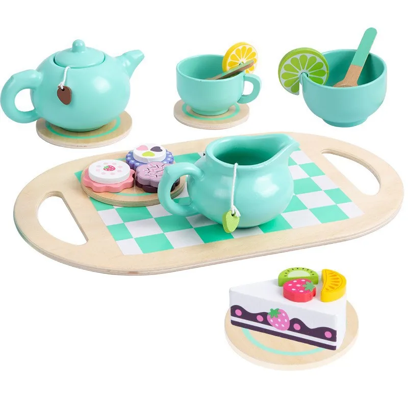 ベビー木製プレイハウス子供おもちゃINSアフタヌーンティーセットケーキカット楽しいシミュレーションティーポットカップセットキッチンおもちゃ子供向けギフト