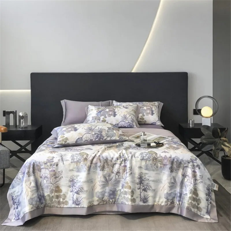 2026 Summer Quilt Soft Polyester Blanket Single Cool  Ice Silk Air Conditioned Comforter Silky Smooth Forest Patchwork 150*200cm