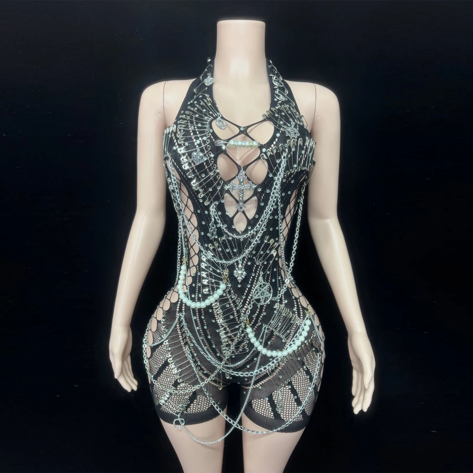

Fashion Sexy Cutout Bodysuit Women Backless Sleeveless Button Beaded Mesh Black Mini Dress Stage Singer Dance Drag Queen Outfit