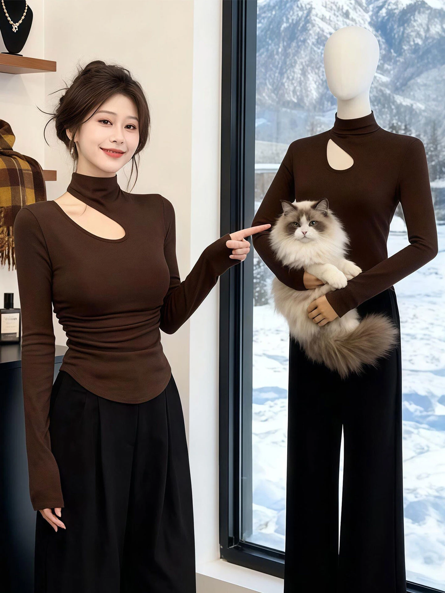 plus Size Women's Long Sleeve Fleece Lined Base Shirt Hollow out Design Slimming High Collar Top Korean Style Commute Fashion