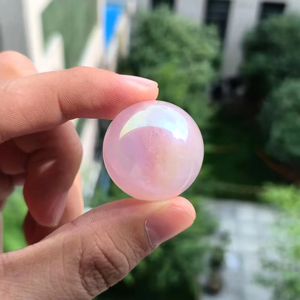 1Pc 1 Inch Angel Aura Rose Quartz Sphere Natural Crystal Ball Rainbow Reiki Stones For Meditation Healing Feng Shui Home Decor