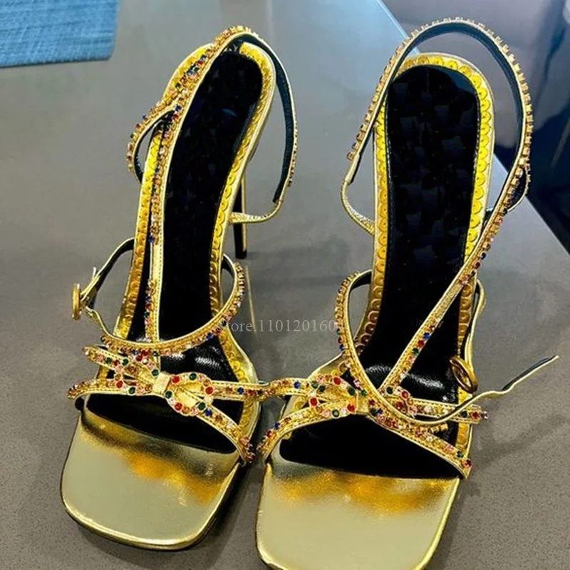 

Gold Heels Crystal Inlaid Black Stiletto Sandals Colorful Butterfly Knot Bling String Design Round Slingback Fashion Sexy Shoes