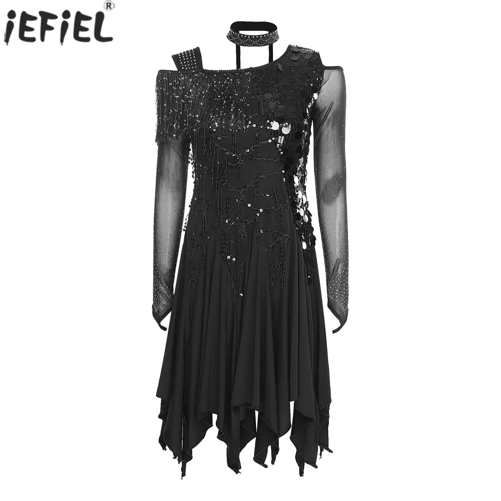 

Женское платье для латиноамериканских танцев (танго, джаз, вальс, дискотека) с длинным рукавом, пайетками и чокером, модная сценическая одежда для самбы и румбы