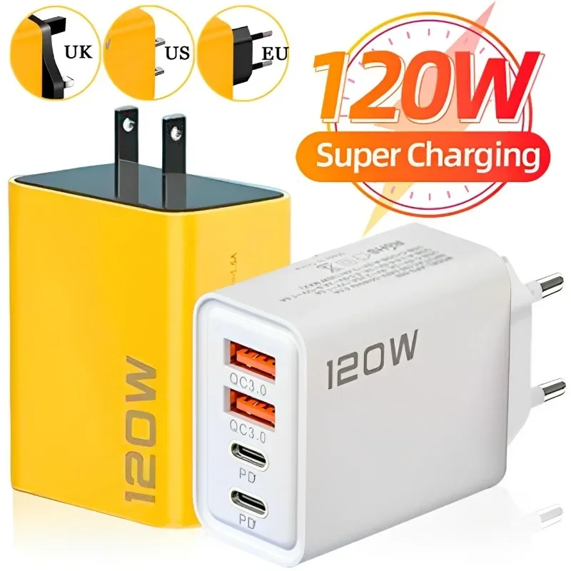 

Зарядное устройство USB C PD, 120 Вт, 4 порта, быстрая зарядка QC3.0, адаптер для быстрой зарядки типа C для iPhone 16 15 14 13 Samsung Xiaomi