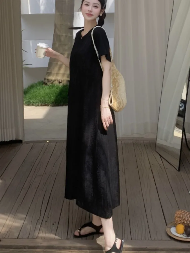 Summer Patchwork Black T Shirt Dress Women Loose Elegant Vintage Ladies Dresses Vestidos 2025 New