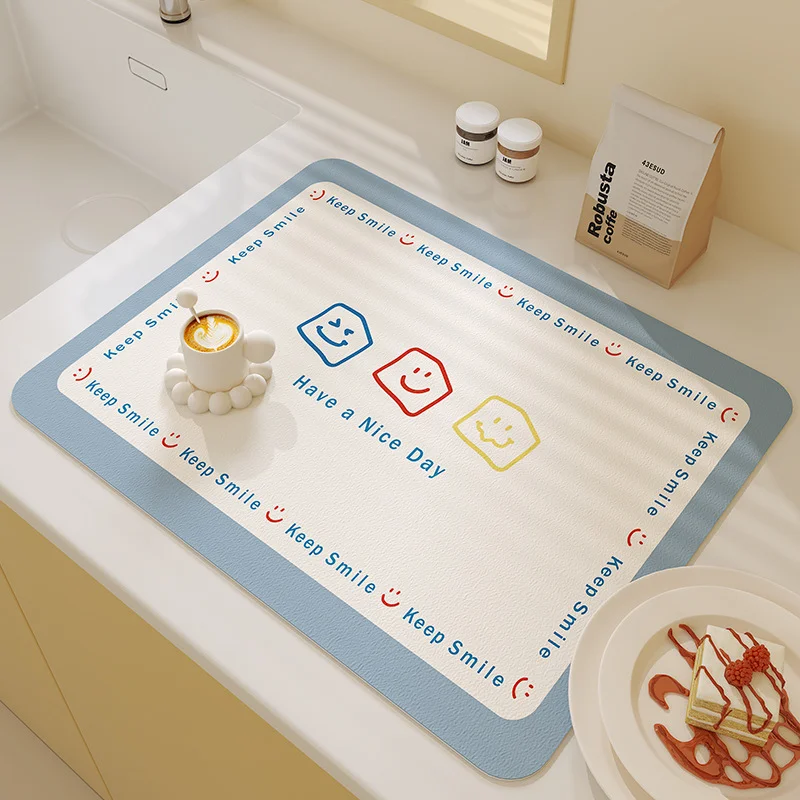 VIKAMA Smiley Face Geometric Tableware Drying Mat, Colorful Block Slogan Anti Slip Fast Drying Drainage Mat For Home Decoration