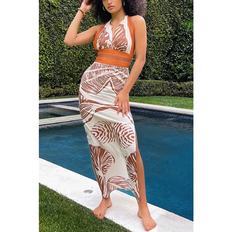 Vestido bohemio de vacaciones de verano para mujer, vestido Sexy con cuello Halter y espalda descubierta con estampado de corsé y abertura, vestido bohemio para vacaciones en la playa