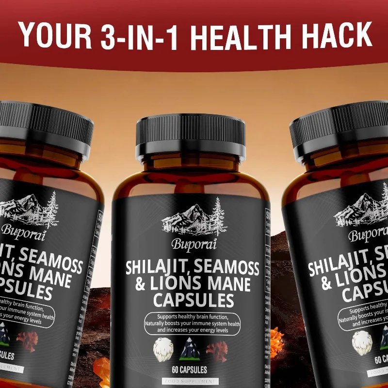 Shilajit, Sea Moss & Lions Mane Capsules - Balance Hormones, Supports Overall and Brain Function Health, Increases Energy