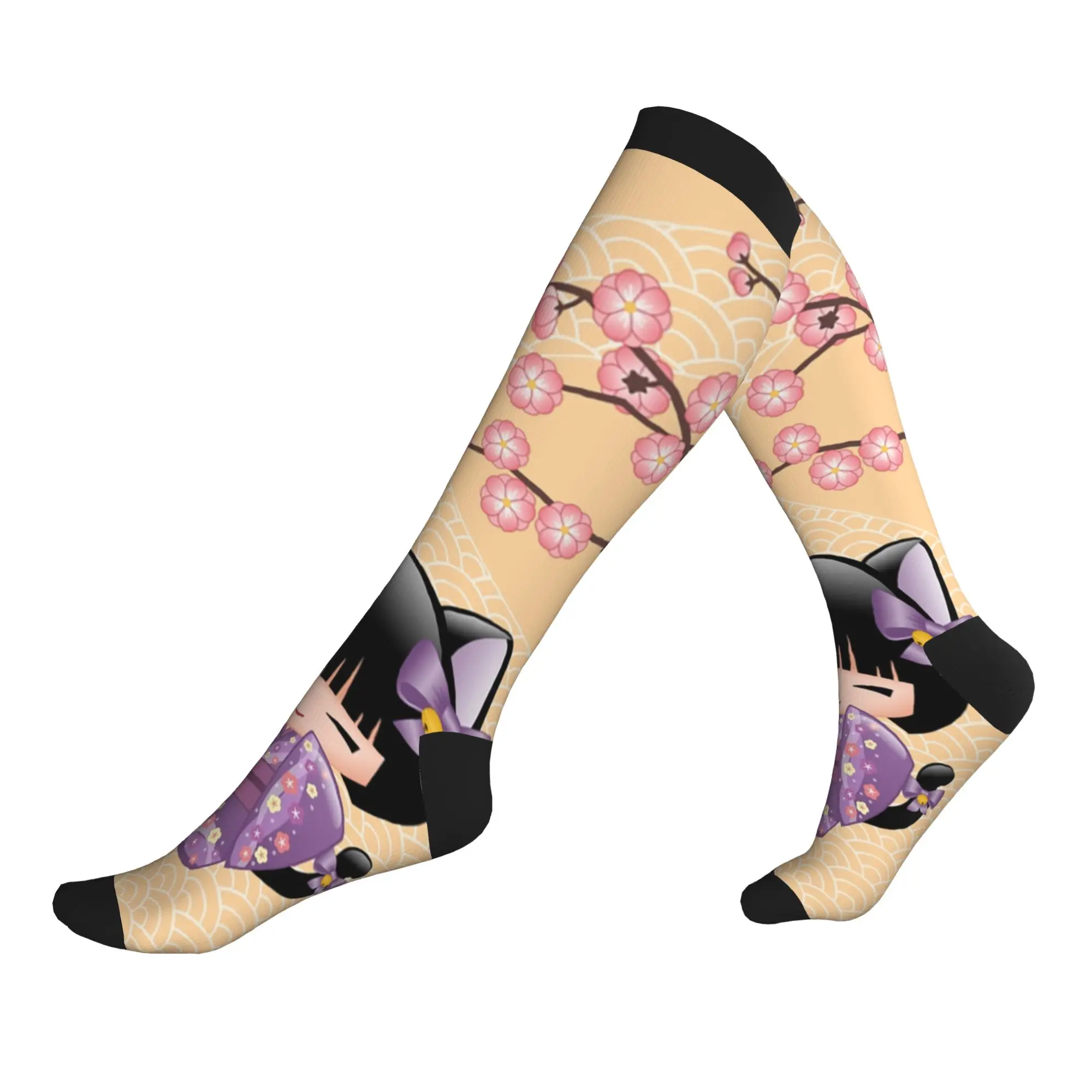 Chaussettes de sport à compression pour hommes, motif poupée Kokeshi, unisexe, motif japonais Sakura, fleurs de cerisier, printemps, été, automne, hiver