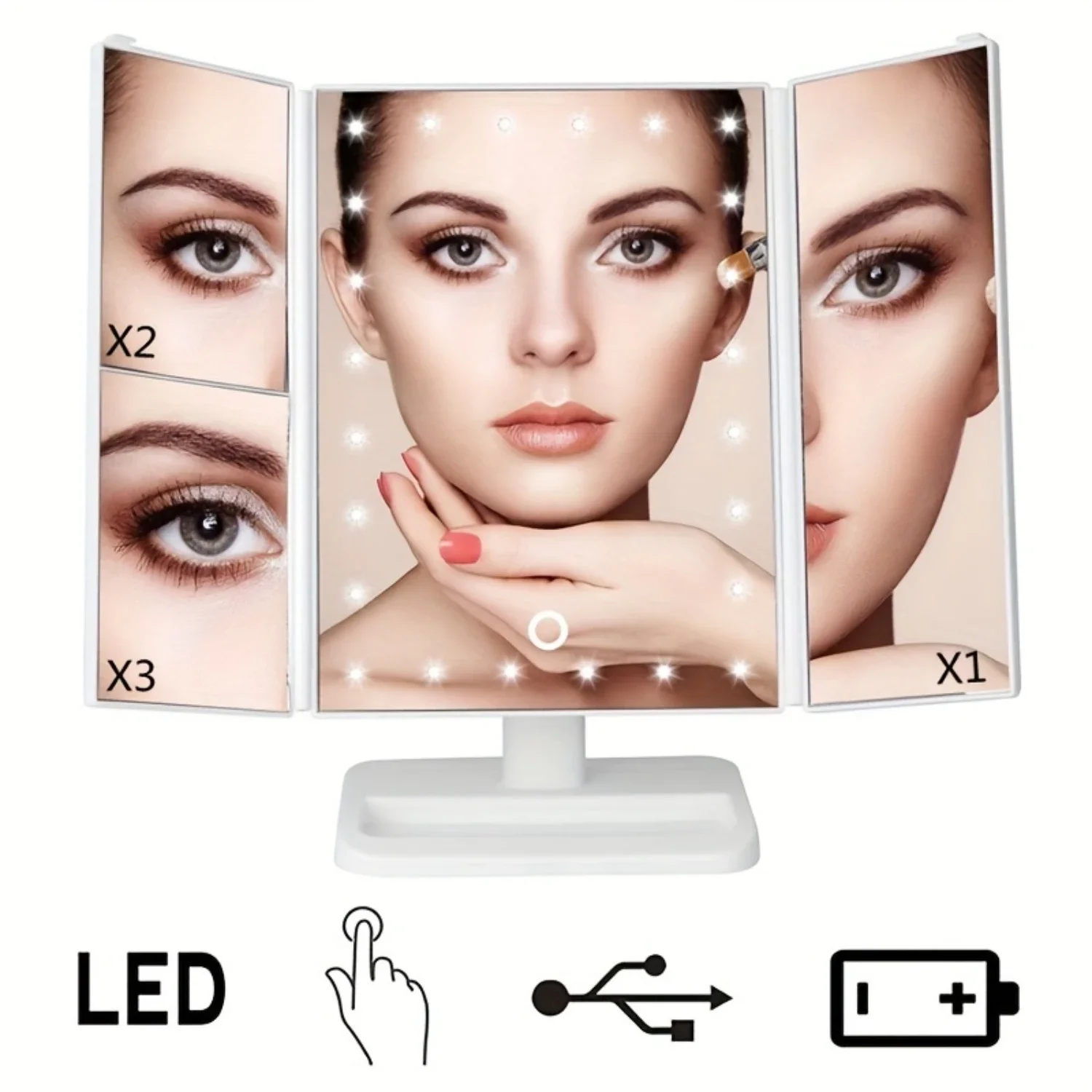 Espejo de maquillaje LED plegable portátil de tres lados con atenuación, espejo de aumento 2X 3X para mesa de maquillaje, inodoro y sobre la marcha, hermoso