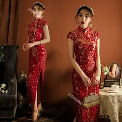 Cheongsam Female Chinese Weeding Style Red Classic Qipao Vintage Button Dresses Gown Spring Banquet Vestidosvelvet Sexy Phoenix