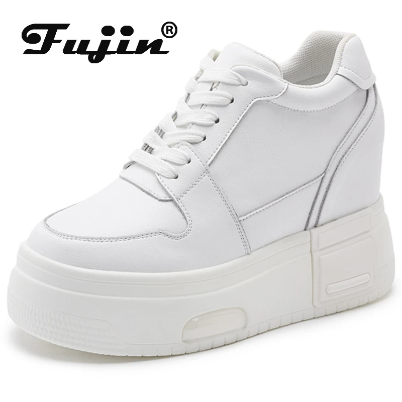 

Fujin 10cm New Genuine Leather Women Spring Autumn White Hidden High Heels Platform Wedge Chunky Sneakers Ins Women Summer Shoes