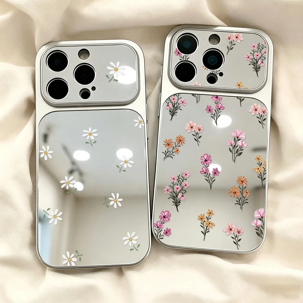 Flower Phone Case For iPhone 16 18 15 14 13 11 12 17 Pro Max Luxury Large Window Soft Shockproof Make Up Mirror Cover Fundas