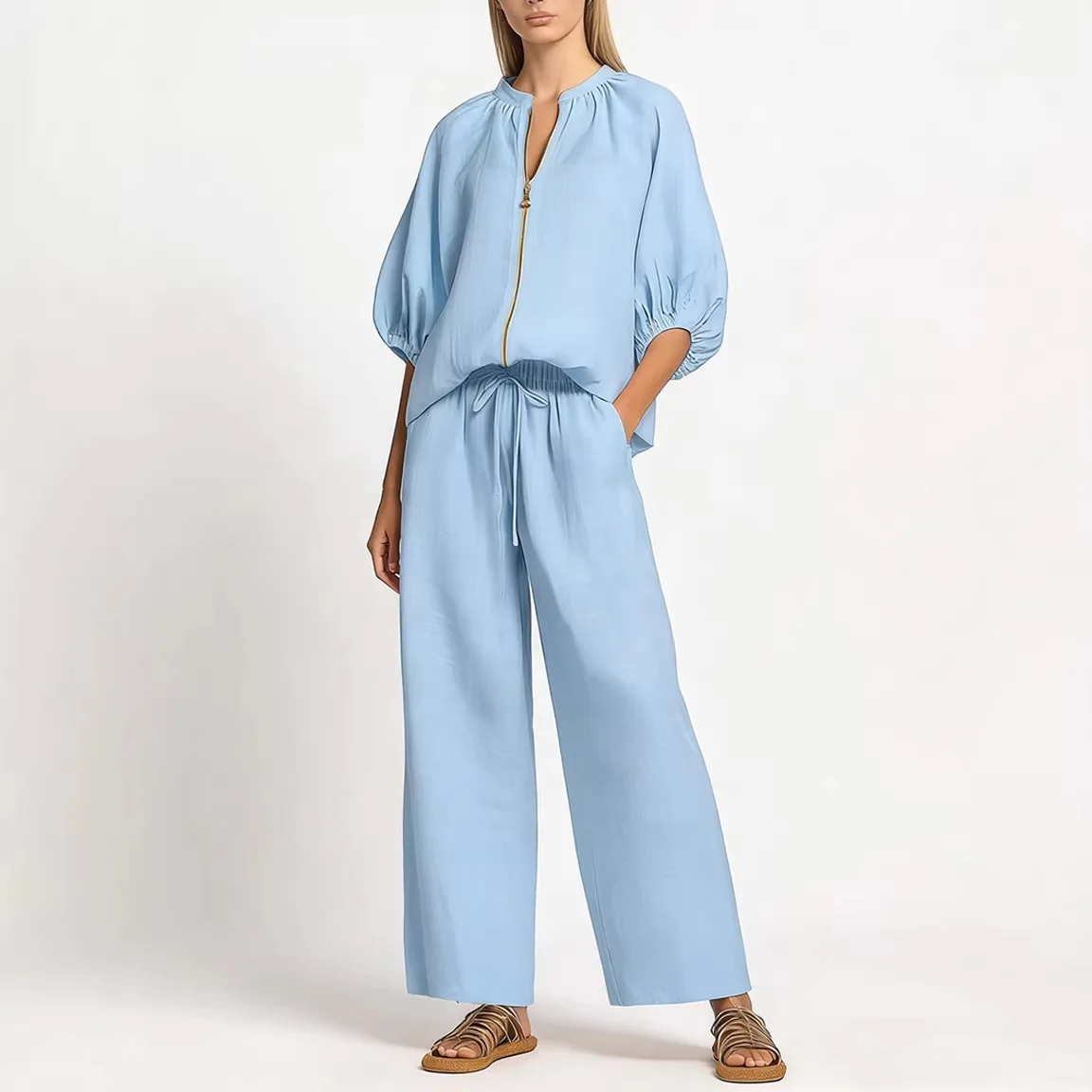 

Summer Women's Two Piece Set Zip Up Round Neck Top Wide Leg Pants Casual Lounge Wear