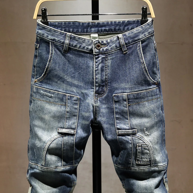 Street Designer Fashion Men Jeans Retro Blue Spliced Slim Fit Stretch Ripped Jeans Men Y2K Patched Hip Hop Vintage Denim Pants