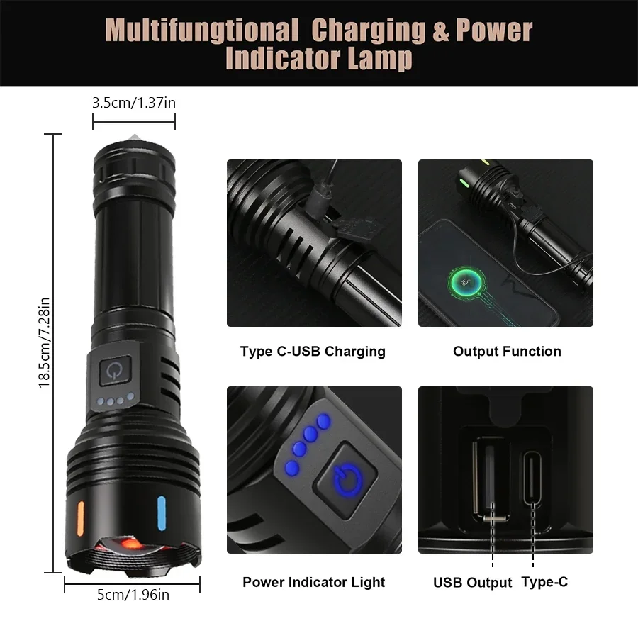 Picture 6: Super Bright LED Flashlight USB Rechargeable Zoomable Spotlight Tactical Torch Outdoor Camping and Fishing Powerful Flashlight