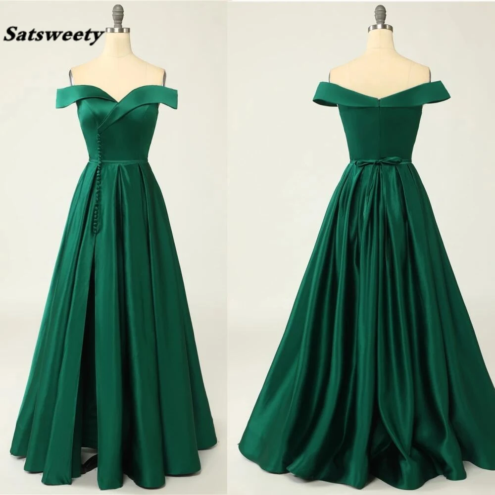 Simplicity Green Evening Dresses Sexy Long Party Gowns Elegant Satin Prom Dresses Off-Shoulder High Slit Formal Party Dresses