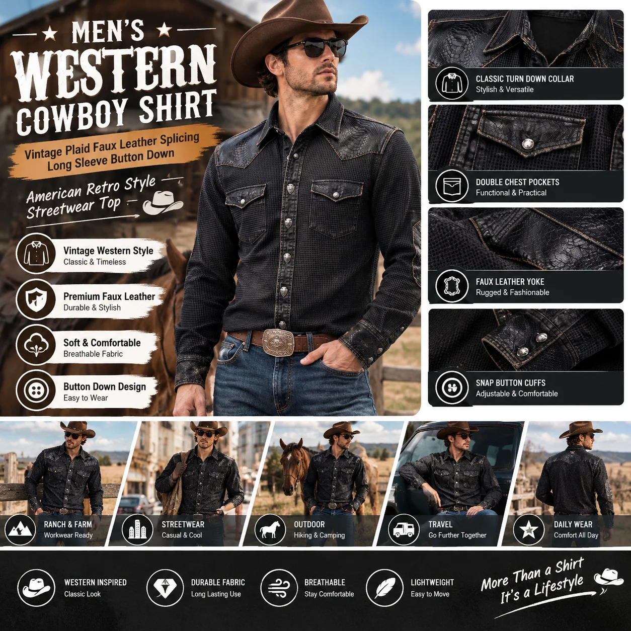 Mens Western Cowboy Shirt Vintage Plaid Faux Leather Splicing Long Sleeve Casual Button Down American Retro Streetwear Top