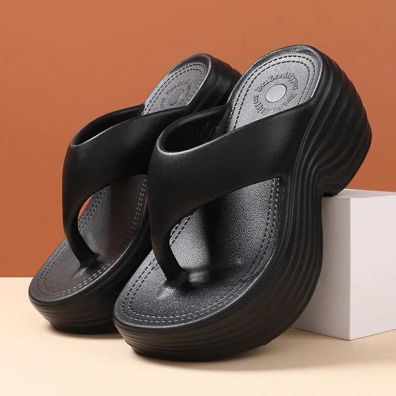 Women's Eva Flip-Flops with Wave-Shaped Wedge Heels, Thick Soles, Non-Slip, Dual-Use for Home and Daily Beach Wear