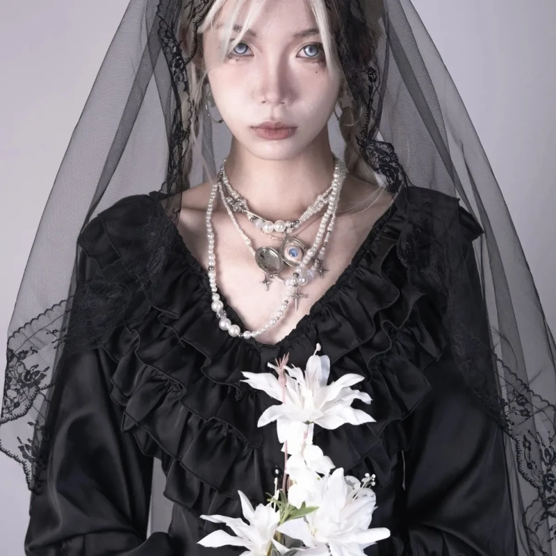 Vintage Viktorianischen Lolita Stil Shirts Frauen Elegante Gothic V-ausschnitt Flare Hülse Blusen Weibliche Y2k Ästhetischen Casual Tops Blusas