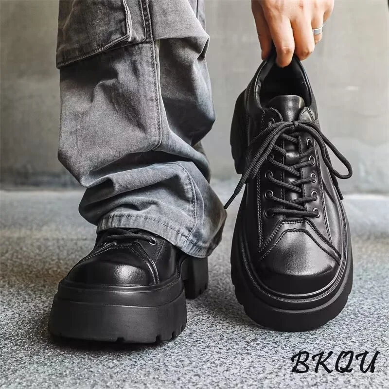 

BKQU Thick Sole Derby Shoes Men's Trend Design 2025 Spring British Black Big Head Increase All Match High-grade Casual Shoes