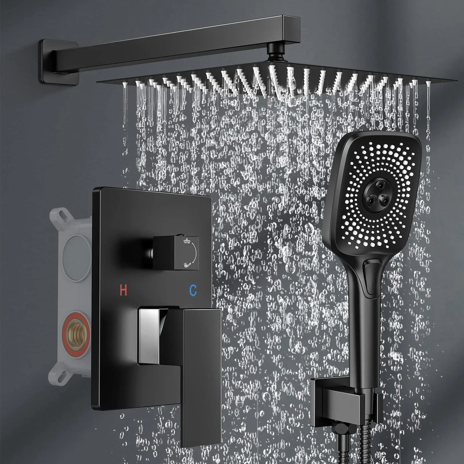 

Black Shower Faucet Set Stainless Steel 10in Rainfall Shower Head with Handheld 3 Functions Brass Pressure Balance Valve