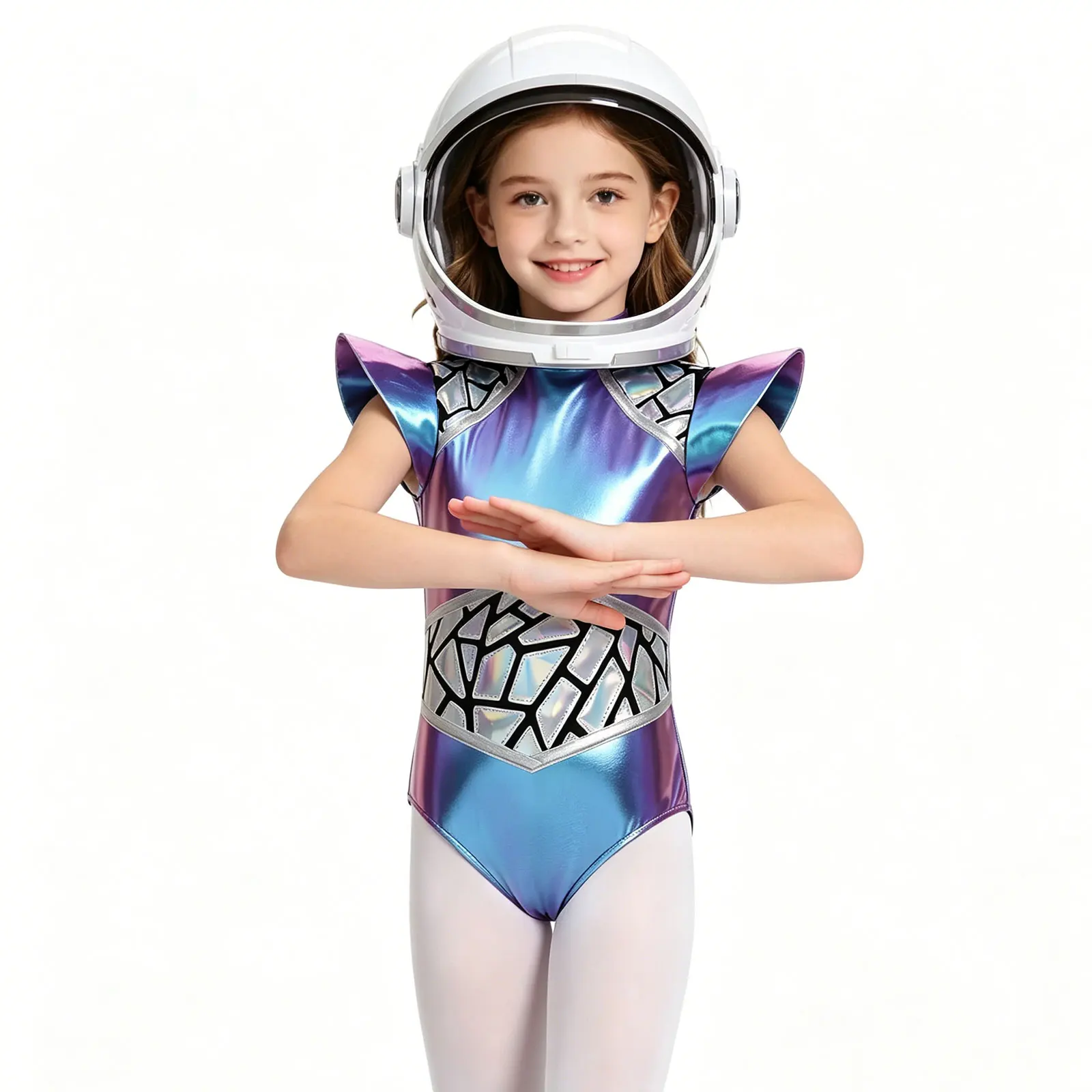 Girls Shiny Alien Outerspace Halloween Cosplay Costume Sleeveless Gradient Sequin Fly Sleeve Bodysuit Future World Party Clothes