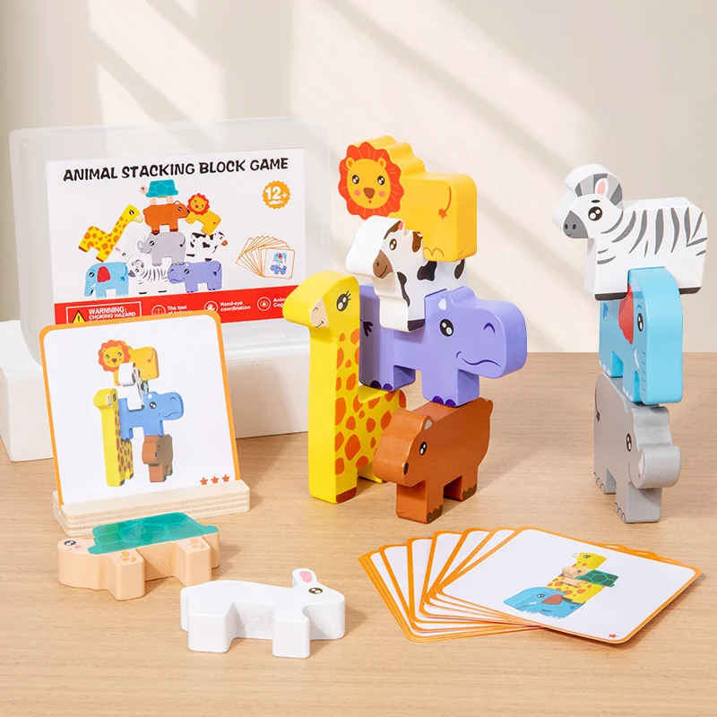 Wooden Animal Stacking Block Game Shape Matching Puzzle Balance Toy Montessori Fine Motor Training Educational Toys For Children